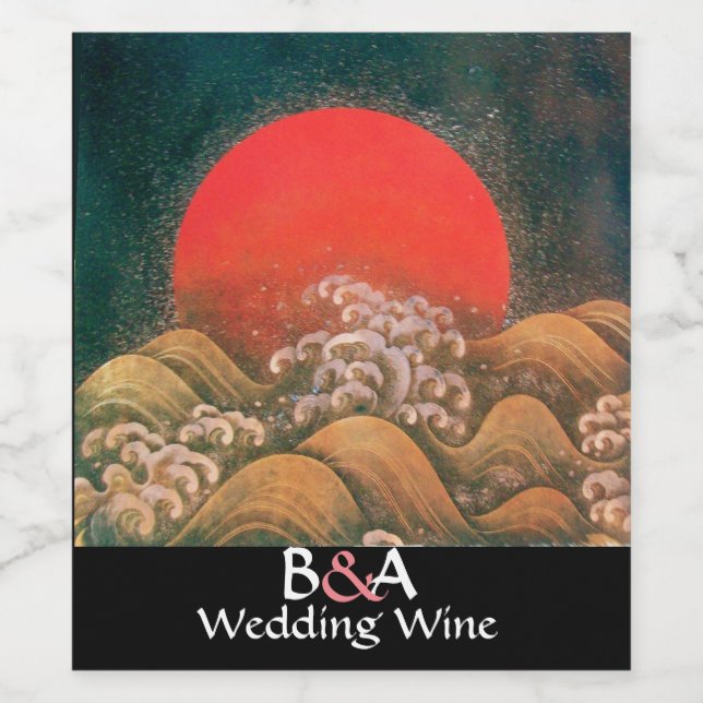 AMATERASU, SUN GODDESS MONOGRAM Red Wedding Wine Label (Single Label)