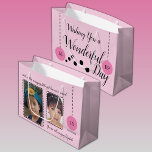 Amazing 16th Birthday name date pink photos Large Gift Bag<br><div class="desc">Gift bag for a special milestone birthday.
Sample age: 16th Birthday.
Add a name,  the date,  age and two photos.
Pink and black.
You are still amazing.</div>