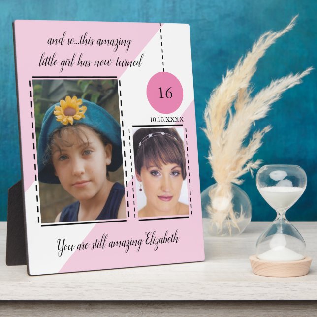 Amazing 16th Birthday name date pink photos Plaque (Side)