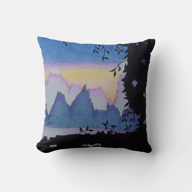 amazing and unique blue mountain sunset landscape cushion (Front)