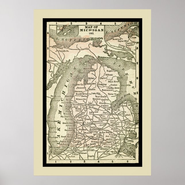 Amazing Antique Map of Michigan Poster (Front)