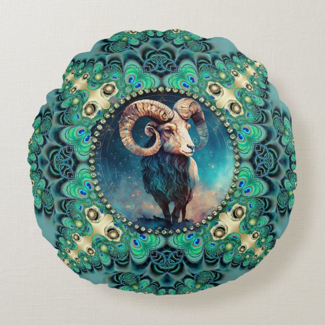 Amazing Aries Zodiac Green Blue Fractal Lace Round Cushion (Front)