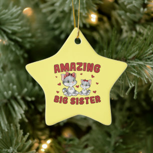 Amazing Big Sister - Kitty Cats Red Hearts Ceramic Ornament