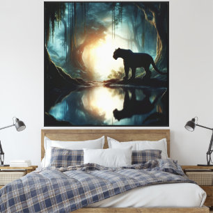 Amazing Black Panther Reflected in Water in Jungle Canvas Print