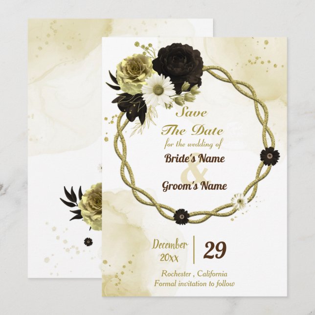Amazing brown ivory gold floral wreath save the date (Front/Back)