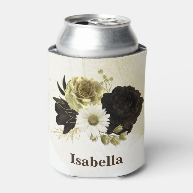 Amazing brown ivory gold flowers monogram can cooler (Can Front)