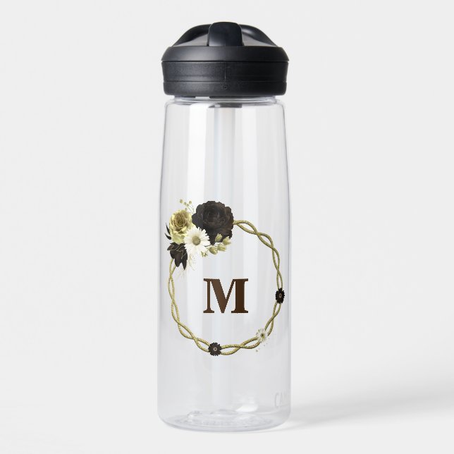 Amazing brown ivory gold flowers monogram water bottle (Front)