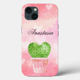 Amazing, Cool, Pink Heart Cactus Watercolor iPhone 13 Case