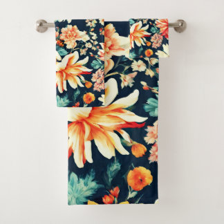Amazing Delicate White and Lush Red Orange Flowers Bath Towel Set