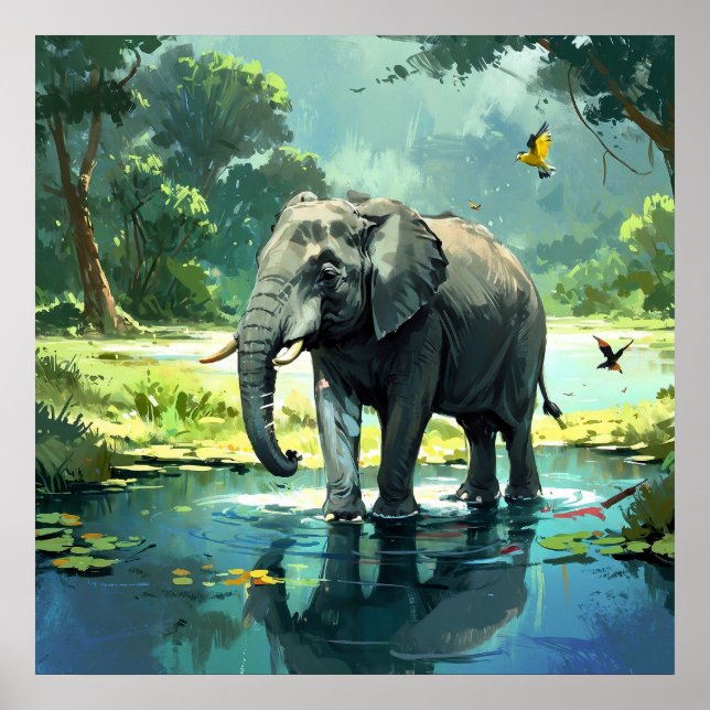 Amazing Elephant in River with Birds Painting Poster (Front)