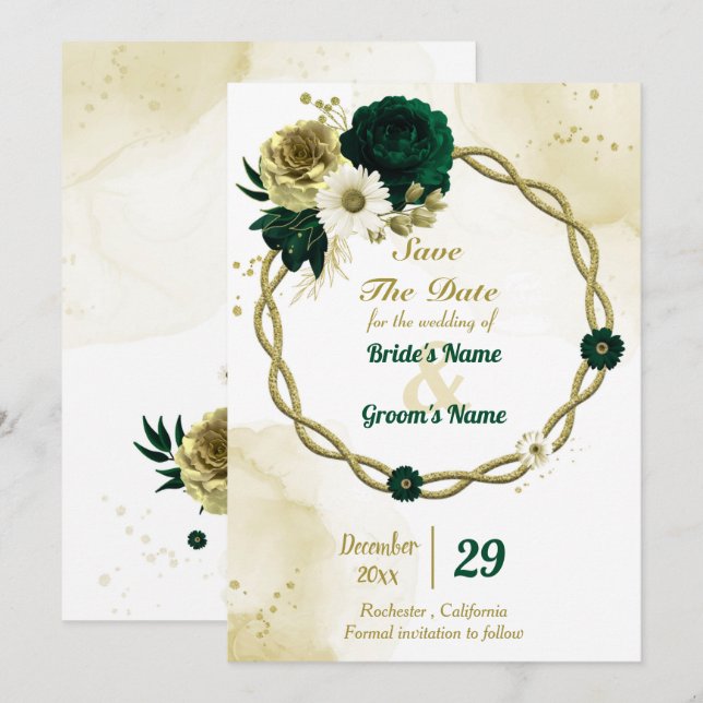 Amazing emerald green ivory gold floral wreath save the date (Front/Back)
