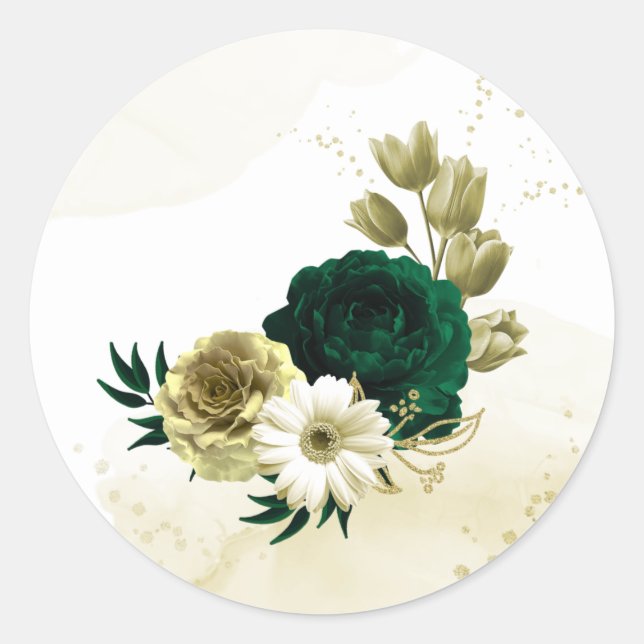 Amazing emerald green ivory gold flowers classic round sticker (Front)