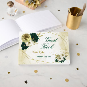 Amazing emerald green ivory gold flowers geometric guest book