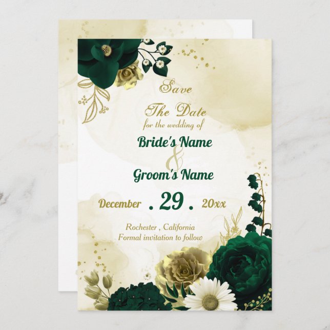 Amazing emerald green ivory gold flowers save the date (Front/Back)