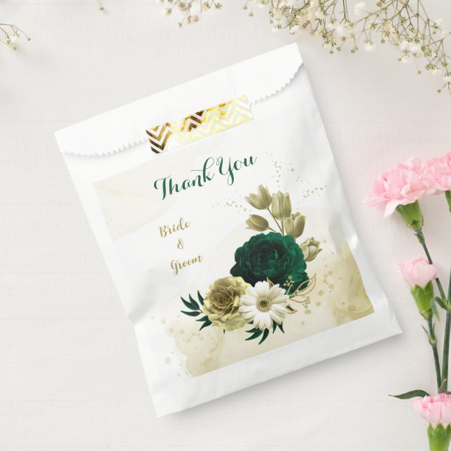 Amazing emerald green ivory gold flowers wedding favour bag (Sealed)