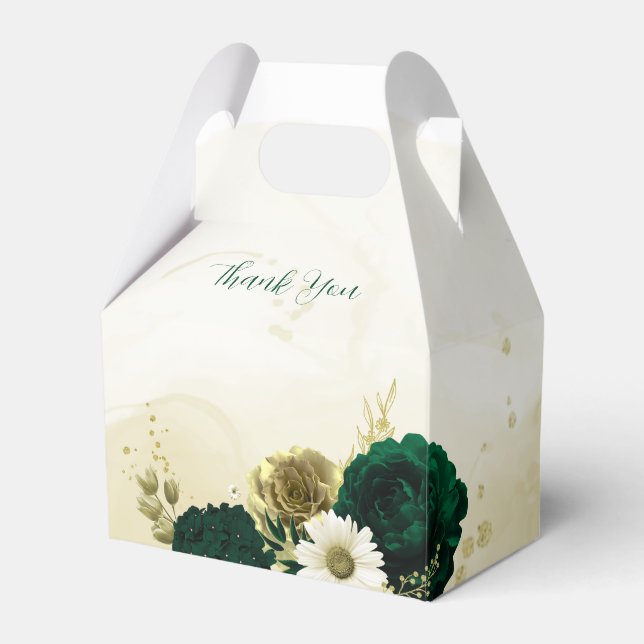 Amazing emerald green ivory gold flowers wedding favour box (Front Side)