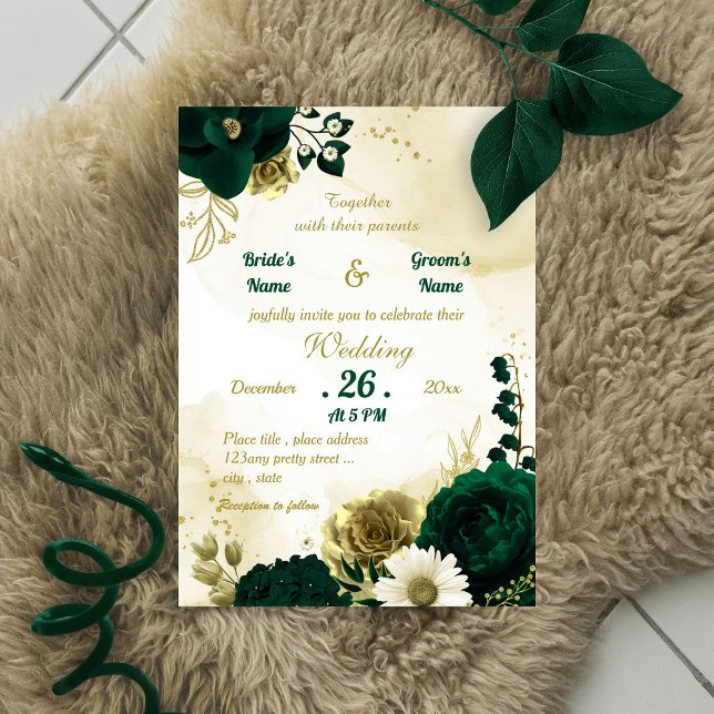 Amazing emerald green ivory gold flowers wedding invitation (Creator Uploaded)
