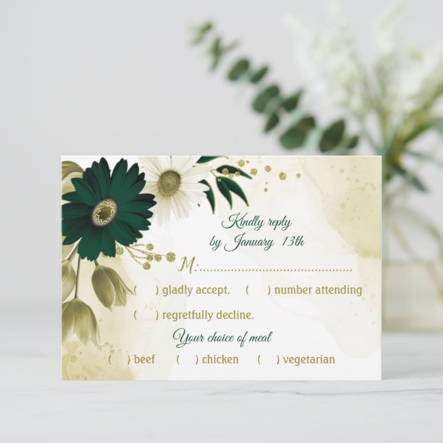 Amazing emerald ivory gold flowers meal choice RSVP card (Standing Front)