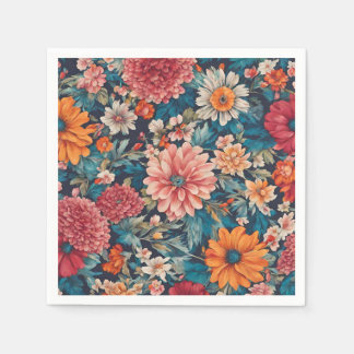 Amazing Flowers and Lush Leaves. Vintage Napkin