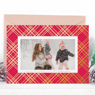 Amazing Gold Lines Christmas Gingham Photo Frame Foil Holiday Card