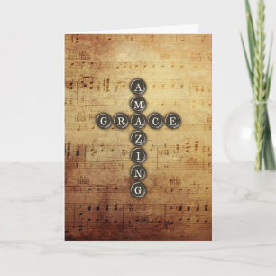 Amazing Grace Cross on Vintage Music Sheet Card