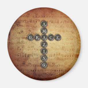Amazing Grace Cross on Vintage Music Sheet Magnet