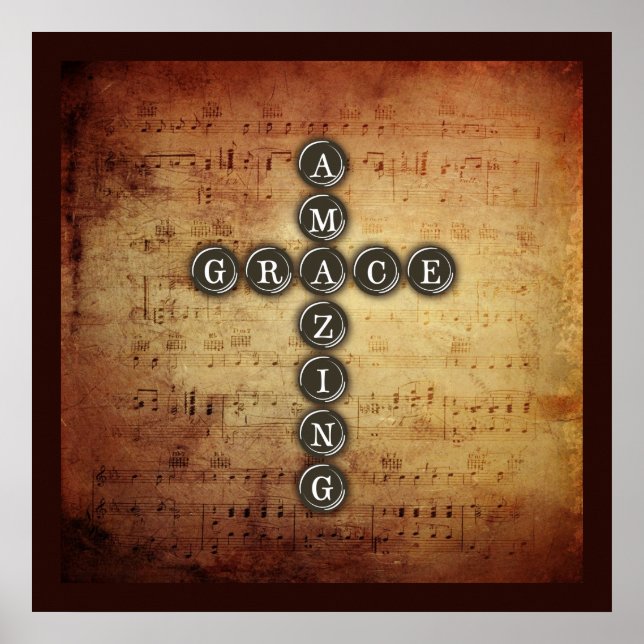 Amazing Grace Cross on Vintage Music Sheet Poster (Front)