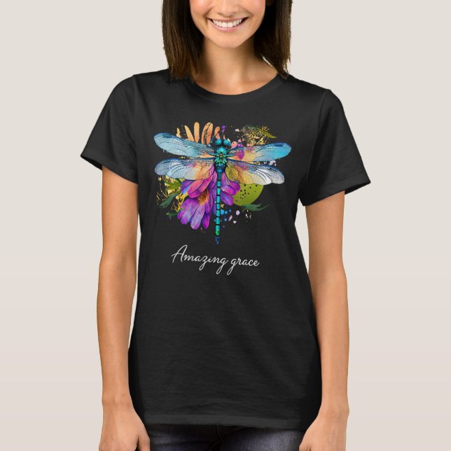 Amazing grace Floral Dragonfly Christian Summer T-Shirt (Front)