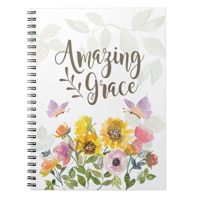 Amazing Grace Flowers and Butterflies Christian Notebook (Front)