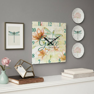 Amazing Grace Flowers and dragonfly Square Wall Clock