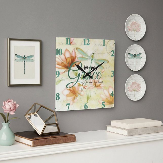 Amazing Grace Flowers and dragonfly   Square Wall Clock (Creator Uploaded)