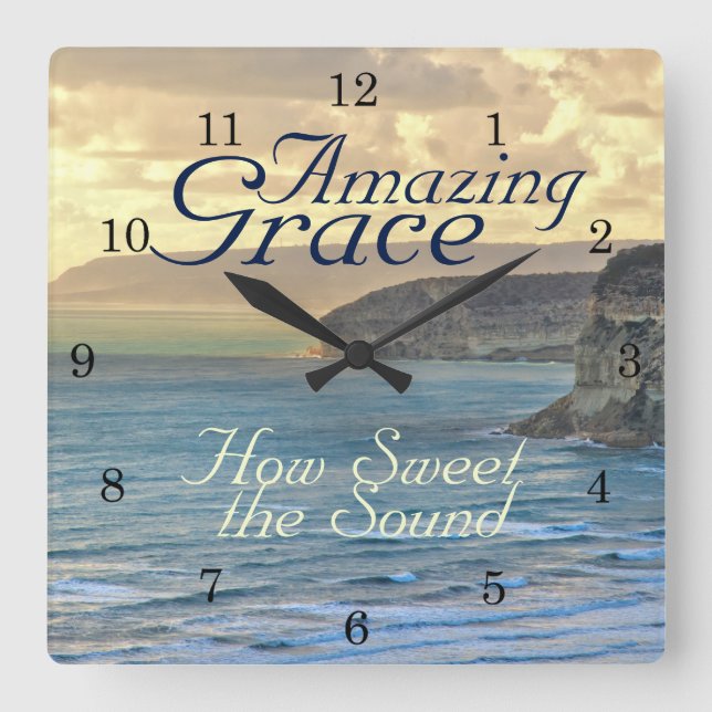 Amazing Grace Hymn Ocean Sunset Square Wall Clock (Front)