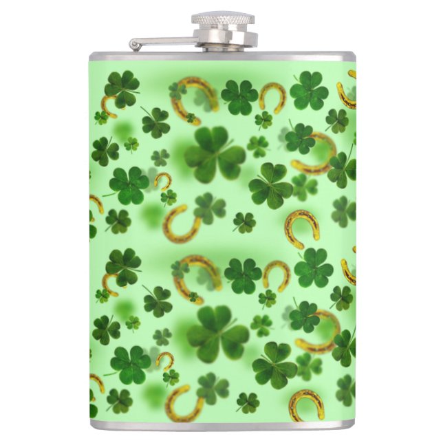 Amazing Green Clover, Horseshoe, Good Lock Hip Flask (Front)