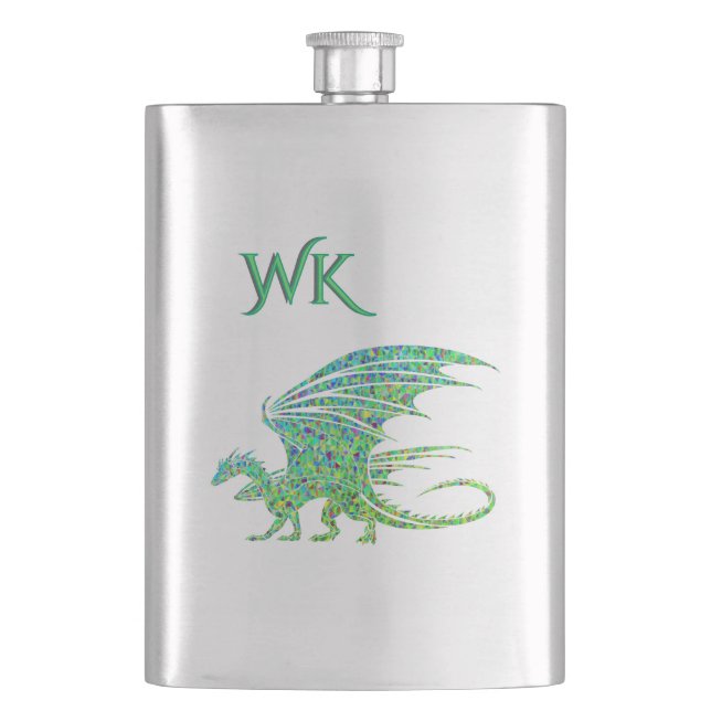 Amazing Green Mosaic Dragon Monogram  Hip Flask (Front)