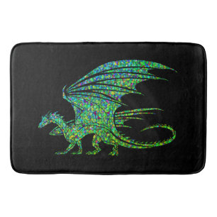 Amazing Green Mosaic Dragon on Black Bath Mat