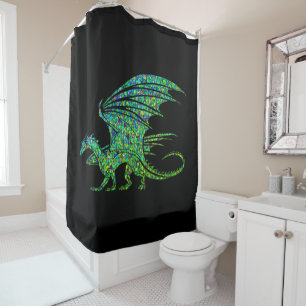 Amazing Green Mosaic Dragon on Black Shower Curtain