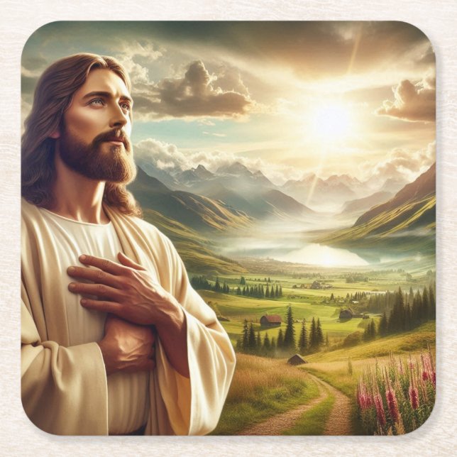 Amazing Jesus Christ Digital Painting Square Paper Coaster (Front)