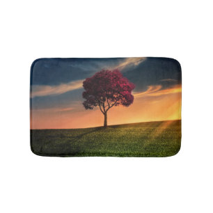Amazing Landscape with a Red Tree at Sunset Bath Mat