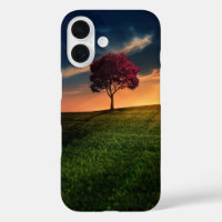 Amazing Landscape with a Red Tree at Sunset