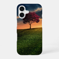 Amazing Landscape with a Red Tree at Sunset