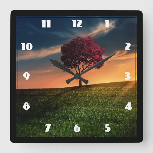 Amazing Landscape with a Red Tree at Sunset Square Wall Clock (Front)