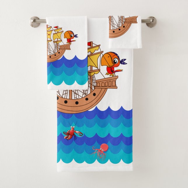 Amazing marine design with a pirate ship bath towel set (Insitu)