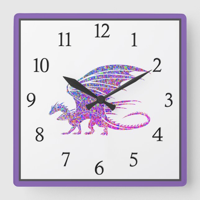 Amazing Mosaic Dragon Purple Black Numbers Square  Wall Clock (Front)