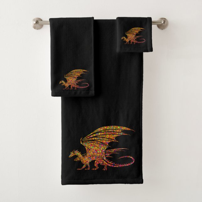Amazing Mosaic Rustic Dragon on Black Bath Towel Set (Insitu)