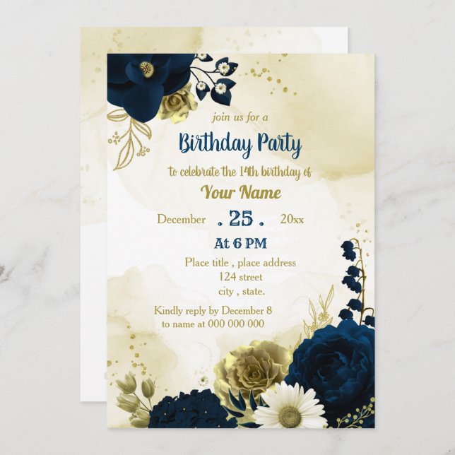 Amazing navy blue ivory flowers gold birthday  invitation (Front/Back)
