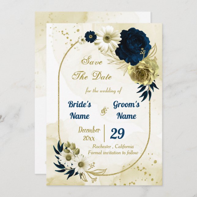 Amazing navy blue ivory flowers gold geometric save the date (Front/Back)