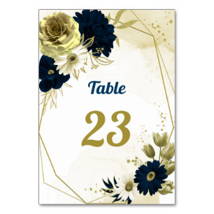 Amazing navy blue ivory flowers gold geometric table number