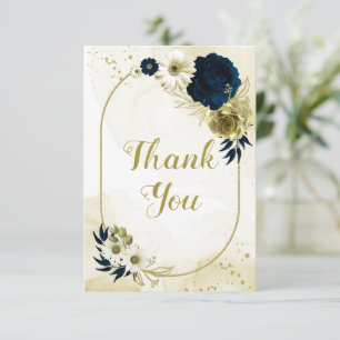 Amazing navy blue ivory flowers gold geometric thank you card