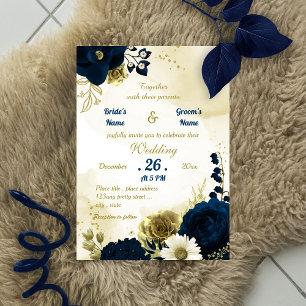 Amazing navy blue ivory flowers gold invitation