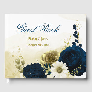 Amazing navy blue ivory gold flowers botanical  guest book